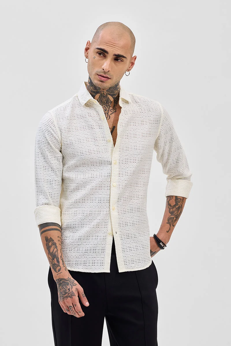 SNITCH Off White Textured Slim Fit Shirt